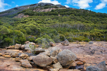 Eroded granitic mountain with dense coastal vegetation and lichen-covered granite boulders, along the Coastal Track in Cape Le Grand National Park, Western Australia.
