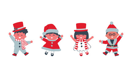 Christmas kids party. Cute children dance in holiday costumes. Santa Claus, Snowman, Snowwoman in the image. Vector illustration