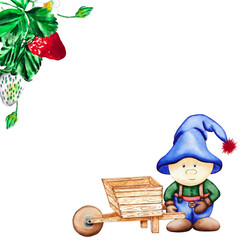 Gnome with cart and strawberries. Hand drawn watercolor drawing of a gnome in a blue suit and hat with a garden cart in the victoria bushes. For your design on a white background