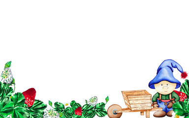 Gnome with cart and strawberries. Hand drawn watercolor drawing of a gnome in a blue suit and hat with a garden cart in the victoria bushes. Seamless banner for your design on a white background