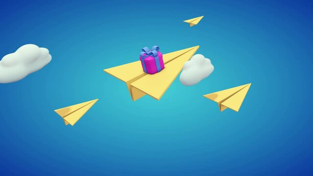 Delivery pack. Animation 3d realistic paper plane blue sky isolated on background. Realistic fly paper airplane
