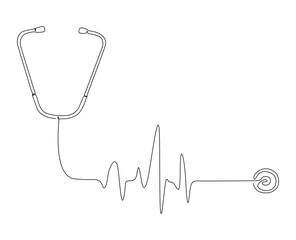 Continuous line art drawing of stethoscope with heart beat wave. Medical tool - stethoscope outline drawing vector illustration. Editable stroke. - obrazy, fototapety, plakaty