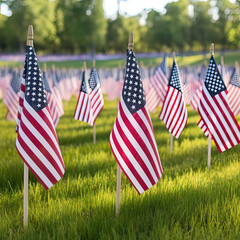 American Memorial Day Concept, Eternal Rest, Sombre, American Flags, Honor, USA, Gravestones National Cemetery, Fallen Heroes. Generative AI