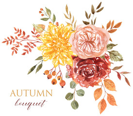 Autumn floral bouquet. Watercolor hand-painted fall flowers and tree leaves arrangement, isolated on white background. Botanical illustration. PNG clipart. - 618524476