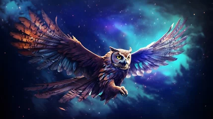 Fotobehang Uiltjes An owl flies through the night with its wings wide open.