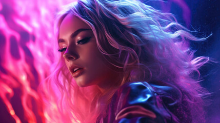 Beautiful girl with strong neon pink and purple lighting, long wave blonde hair in a fantasy type image.