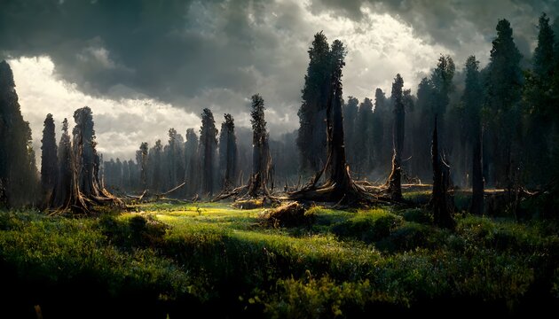 dark forest next to prairie rolling hills meadow twisting tree trunks olive trees peaceful waters dramatic sky sunny insane detail ambient light realistic concept art cinematic octane render ultra 8k 
