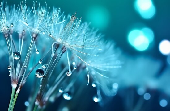 Dandelion seeds in water droplets on a beautiful blue and turquoise background, with dewdrops sparkling on the dandelion in the light. Made with Generative AI technology