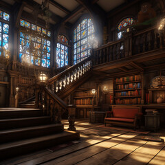 Fototapeta na wymiar Library, hyper realistic, stained glass painting, staircase, wooden bench, rustic, chandelier, generate IA 