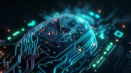 Fototapeta premium Cybersecurity, hardware and neon circuit board for future engineering, electrical and programming big data. Ai generated, technology and closeup of motherboard chip for computer system and processor
