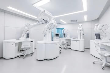 Operating room in a modern clinic with computer equipment, high-tech, sterile, futuristic, medical