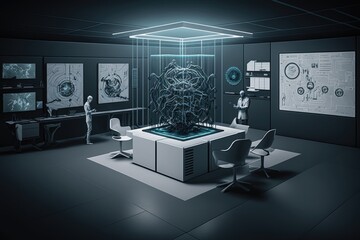 Modern futuristic laboratory office or workspace, with computer screens and advanced technology filling the space, artificial intelligence, AI generated