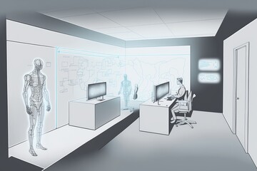 Modern futuristic laboratory office or workspace, with computer screens and advanced technology filling the space, artificial intelligence, AI generated