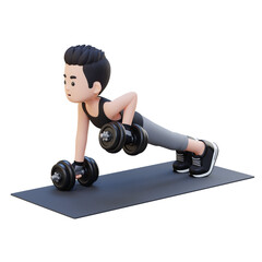 3D Sportsman Character Performing Dumbbell Push Up Row