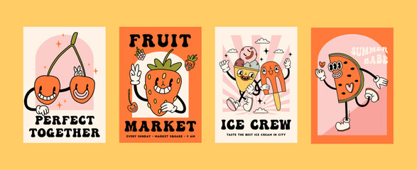 Funny retro summer poster collection print. Groovy bright character mascot and elements. Cartoon hippie 70s poster with lettering. Vector logo card in trendy retro style. Rays and chess background