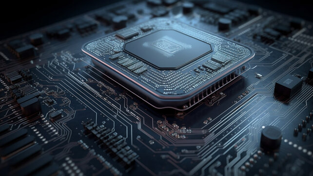 Hardware, electrical and data with circuit board of future for engineering, cybersecurity and programming. Ai generated, technology and closeup of motherboard chip for computer system and processor