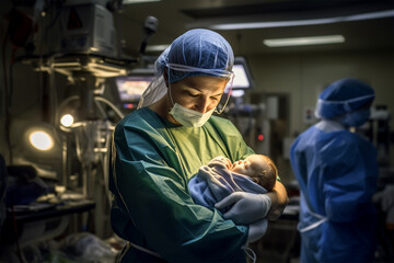 A doctor in the operating room holds the newborn baby.Created with generative ai
