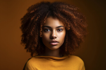 Portrait of a black girl isolated on orange background.Front view.Created with generative ai