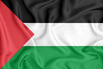 Palestine flag waving with the wind, 3D illustration rendring. Design with satin fabric. to be used for educational purposes or for illustrations of videos or vlogs.