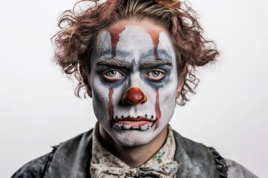 Portrait of a sad clown isolated on white background.Front view.Created with generative ai