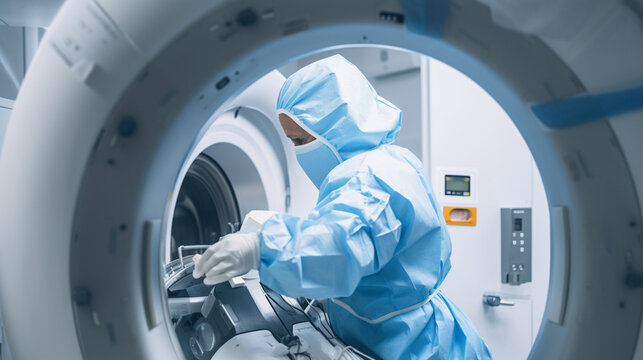 A medical professional in a radiation protection suit operating a nuclear medicine imaging machine in a specialized facility Generative AI