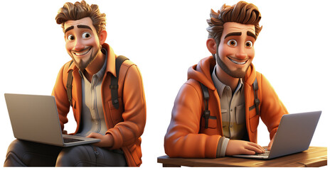 cartoon illustration of a happy young man with a light beard sitting on a chair or at the table with a laptop , on a transparent background, Generative AI