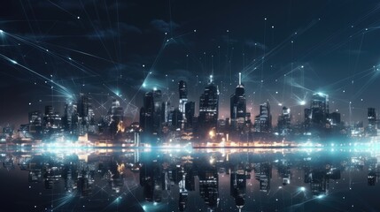 Naklejka na ściany i meble Digital city with a network of lights of the night, urban, internet, cityscapes,futuristic, AI generated