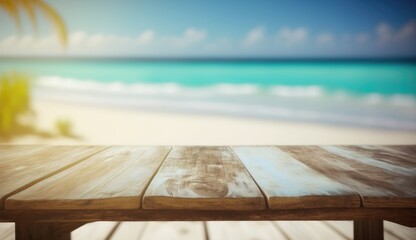 Fototapeta na wymiar Empty modern wooden table on a summer beach, AI generated