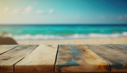 Empty modern wooden table on a summer beach, AI generated