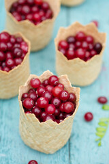 berry cranberries in small wicker baskets on a blue background
