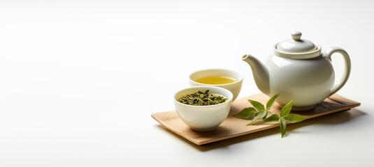 Obraz na płótnie Canvas Asian tea utensils for the traditional tea ceremony. Green tea leaves. Teapot and ceramic cup isolated on a light flat background with copy space. Banner template. Generative AI photo.