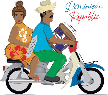 Motoconcho con mujer, guira y tambora en República Dominicana