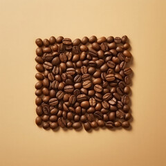 Flatlay composition with a square-shaped pile of freshly roasted coffee beans on a light bronze pastel background. Generative AI.