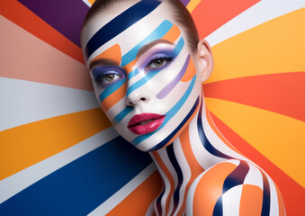 Beautiful girl with body art in the form of colorful stripes and lines resembling a pop art portrait. Generative AI.