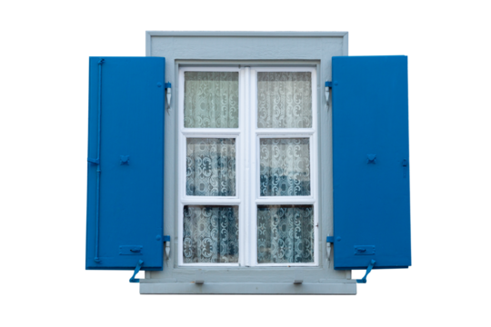 traditional windows with blue shutters, europe, isolated, transparent background, png