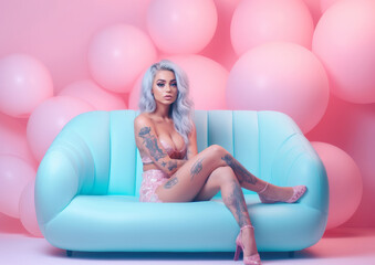 Obraz na płótnie Canvas A beautiful scantily clad tattooed girl sits on a blue modern sofa with large pink balloons in the background. Generative AI.