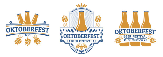 Oktoberfest logo or label set. Beer festival vintage design. October fest emblem, poster or banner template. Traditional German, Bavarian beer festival sign or icon. Vector illustration.