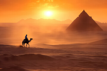Camels on a blurred background of a pyramid in the desert.