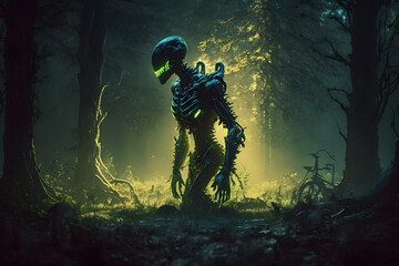 Obraz premium Alien predator walks through the forest - atmosphere of fear