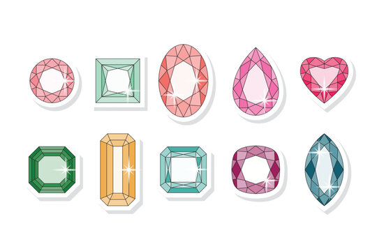 Gemstones collection different colours and shapes. Vintage cartoon style. Isolated on white. Vector