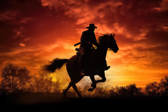 Cowboy silhouette on horse at sunset