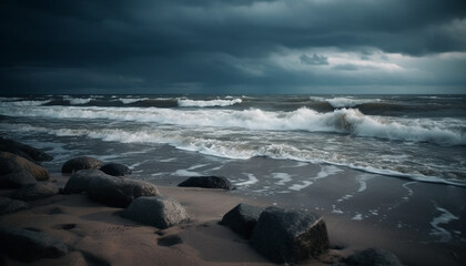 Dramatic sky, crashing waves, tranquil beauty generated by AI