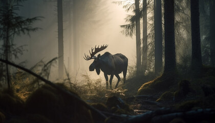 Naklejka premium Horned stag grazes in tranquil autumn meadow generated by AI