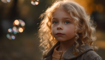 Fototapeta premium Smiling child playing in autumn nature beauty generated by AI