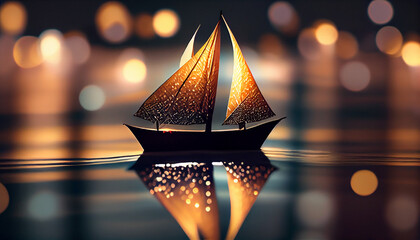 A candle in an origami boat. Paper origami sailboat on the water at night, bokeh Ai generated image - obrazy, fototapety, plakaty