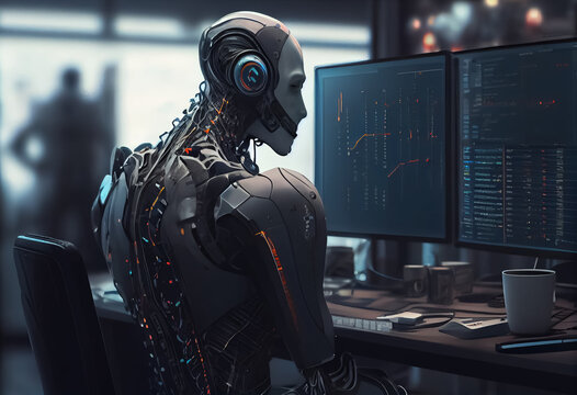 Illustration Of Robot Human Like Working In Data Centre Engineer Analyzing And Control. AI