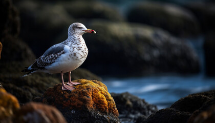 Fototapeta premium Seagull perching on rock, overlooking tranquil seascape generated by AI