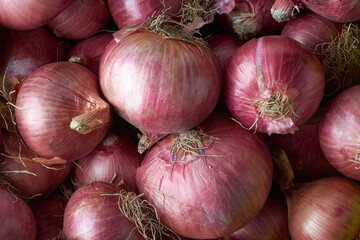 close-up of unpeeled red onions in full frame, for culinary uses and health benefits, pile of mild and moderate flavored vegetable as background, taken straight from above