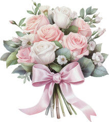 Watercolor Romantic Pink Rose Flowers Bouquet. Isolated Wedding Clipart Illustration for Invitation card, Logo, Greeting Card, Banners and more.