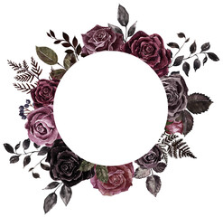 Victorian gothic style circle frame made of dark watercolor roses and foliage. Invitation or floral card design. PNg clipart. - 618531642